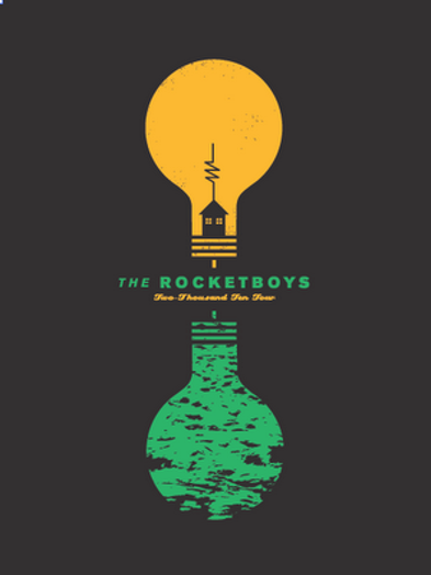 A pictogram of a yellow and green lightbulb in which a house with antenna and water waves are drawn along with the text: The RocketBoys