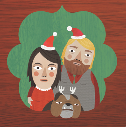 A Christmas pictogram of two people wearing santa hats and a dog wearing reindeer horns.