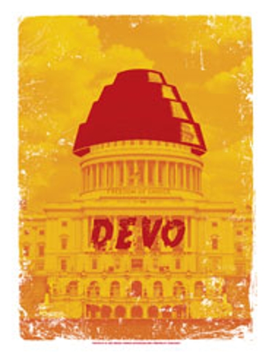 A yellow photo showing the capitol  with a green stepped cup on top and the word DEVO on the front.