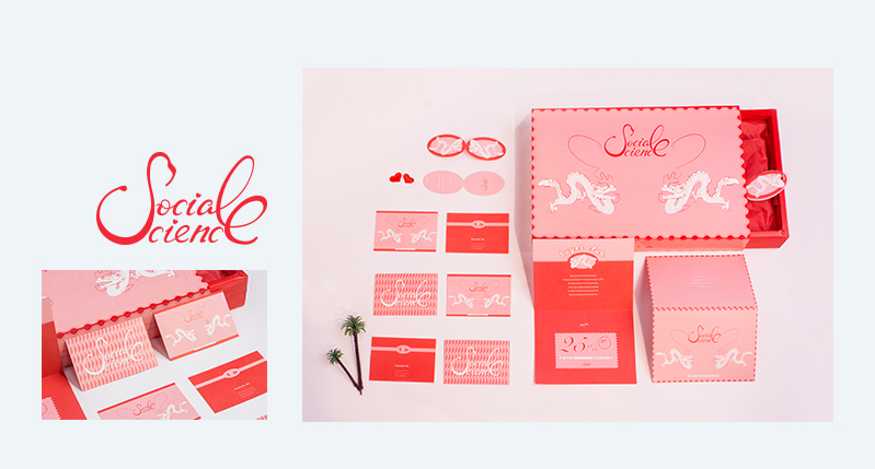 A red and white design of some calling cards, boxes and other items. On them there is a red text logo: Social Science.