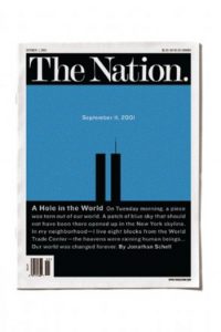 A magazine cover showing a blue background and two black shapes that look like the New York twin towers.