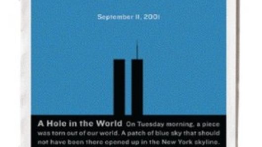 A magazine cover showing a blue background and two black shapes that look like the New York twin towers.