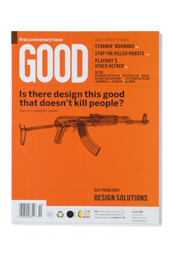 A magazine cover showing a blueprint of an AK-47 on an orange background.