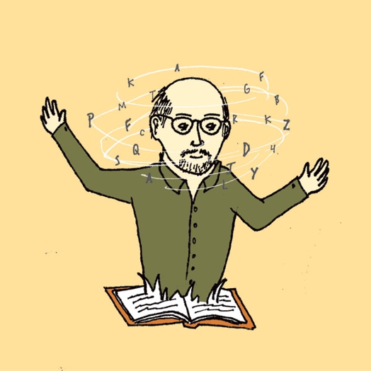 A drawing of a man popping from a book while different letters swirl around his head.
