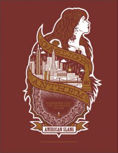 A red logo depicting a girl with tattoos, the New York city scape and some flower patterns. The logo has also ribbons with the text: Gaslight Anthem American Slang.
