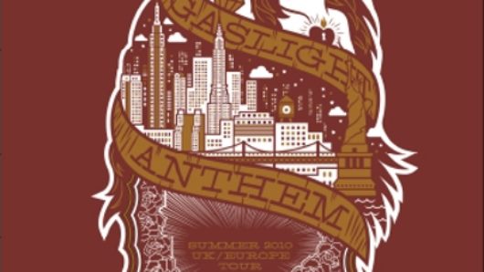 A red logo depicting a girl with tattoos, the New York city scape and some flower patterns. The logo has also ribbons with the text: Gaslight Anthem American Slang.
