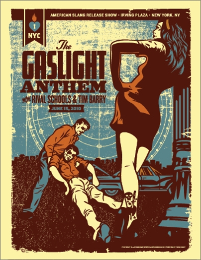 A poster of a man draggin another man to a car while a woman stares while leaning on a pillar.