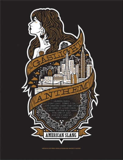 A black and brown logo depicting a girl with tattoos, the New York city scape and some flower patterns. The logo has also ribbons with the text: Gaslight Anthem American Slang.