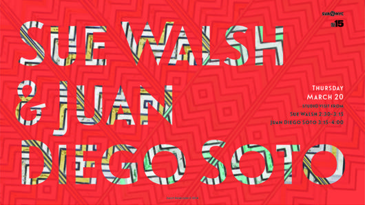 A red patterned poster with some striped text that reads: Sue Walsh & Juan Diego Soto.