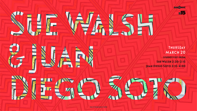 A red patterned poster with some striped text that reads: Sue Walsh & Juan Diego Soto.
