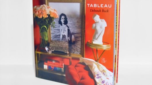 A cover book on which there are: a stone sculpture, a framed picture with a woman, a red mattress and a shelf with a green vase and some books. The title of the book: Tableau, Deborah Buck.