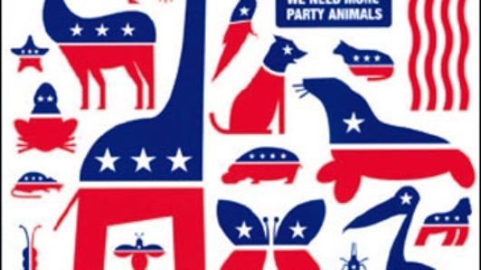 A poster graphic showing different animals that are styled as American people's party famous logos with red and blue with white stars. The text says: we all need party animals.