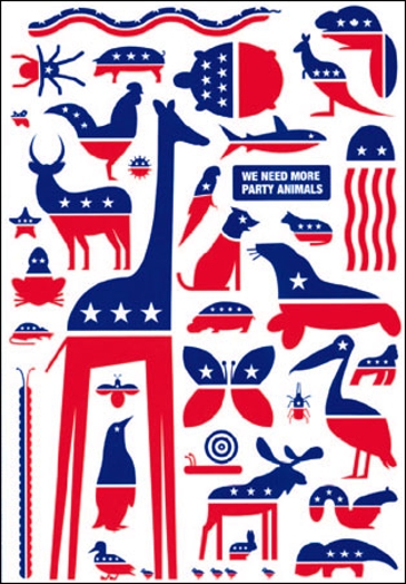 A poster graphic showing different animals that are styled as American people's party famous logos with red and blue with white stars. The text says: we all need party animals.