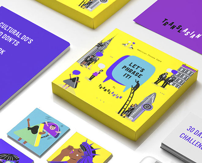 Violet, cyan and yellow isometric paper samples with different drawings and text on them.