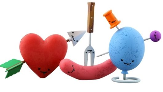 A 3d image showing a red heart pierced by a green arrow, a sausage pierced by a fork and a blue balloon pierced by a pin needle.