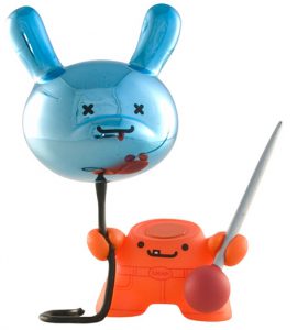 A 3d image of two figurines, one blue looking like a balloon and the other orange looking like a human torso, each having eyes and mouth. The orange one stabbed the blue one with a pointed needle.