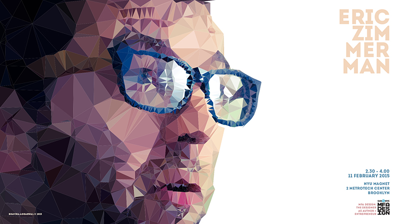 A poster with a man's face made from colored polygonal shapes.