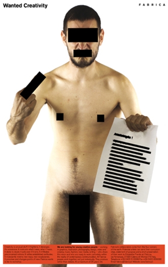 A naked body of a man who's several body parts are censored along with the text on the paper he holds.
