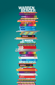 A graphical design of a stack of books and notebooks. On top of them is the text: Warren Berger.