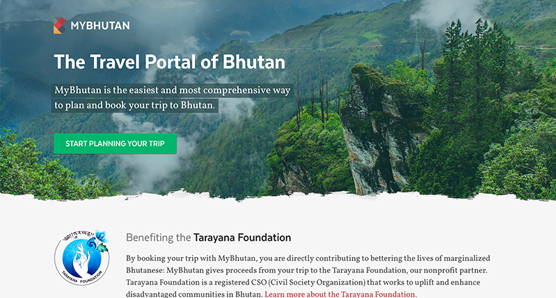 A website picture with MyButhan logo and text: The Travel Portal of Buthan. The photo is showing a jungle scape with green trees.