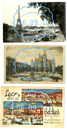 A photo of three old postcards, the first having a picture of Paris cityscape and Eiffel Tower, the second having a building, a plaza and a church and the third having a restaurant on it.