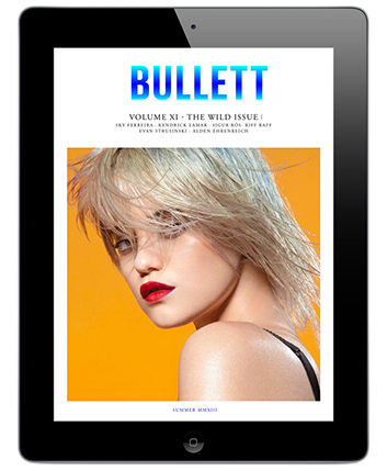 A design of a website on a tablet. The title of the website: BULLETT and a picture of blonde woman with hair over her eyes..
