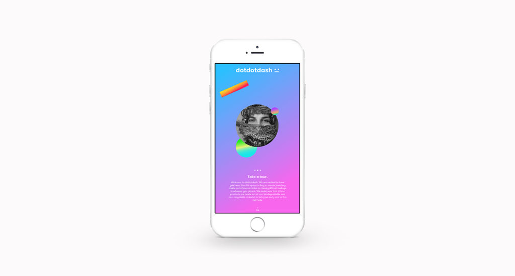 A blue to pink gradient template for a mobile phone app. There are also some images and shapes with other gradients and colors.