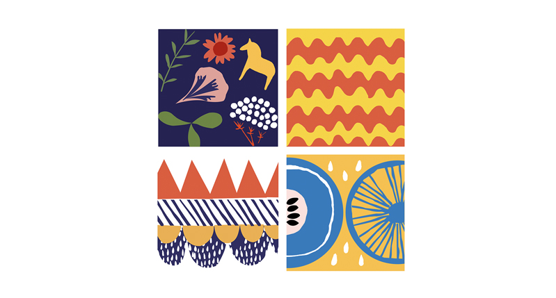 A set of colorful cards with animal pictograms, plant pictograms and patterns on them.