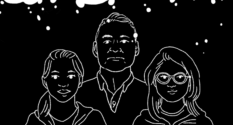 An inverted black and white drawing of three people.