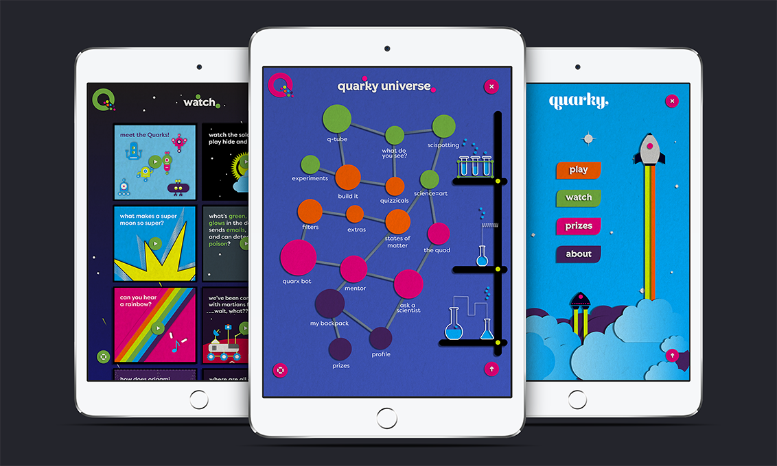 A set of three web templates for tablets depicting science domains like chemistry or physics.