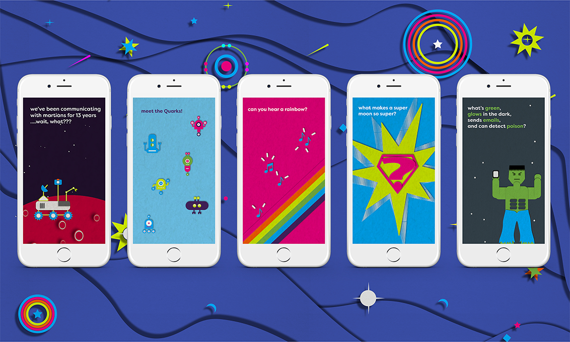A set of drawn web app templates depicting: rovers on other planets, a game with strange creatures, a rainbow with some musical notes, a diamond shape symbol and a green man wearing jeans. Each template has also some text.