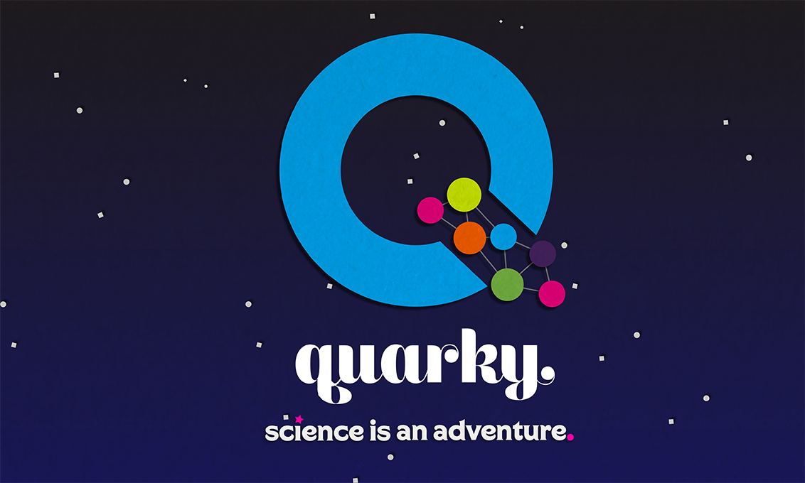 A poster with a drawing of the night sky and a colorful Q letter logo with text: quarky. science is an adventure.