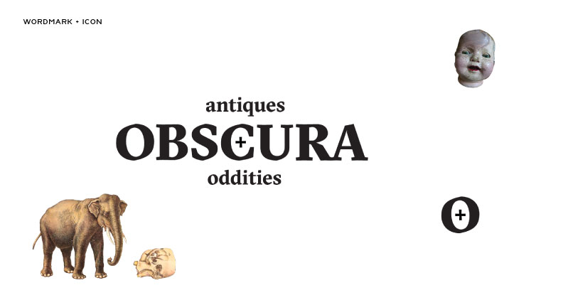 A website with title: antiques Obscura oddities. There are also pictures of elephants, skeleton animal heads and baby heads.