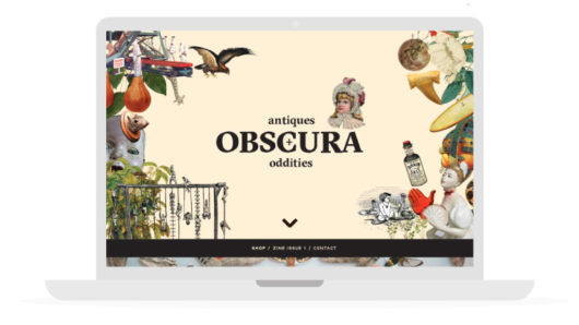 A website template that depicts plant, animals and female figures wearing old clothes. The text on it says: antiques OBSCURA oddities.
