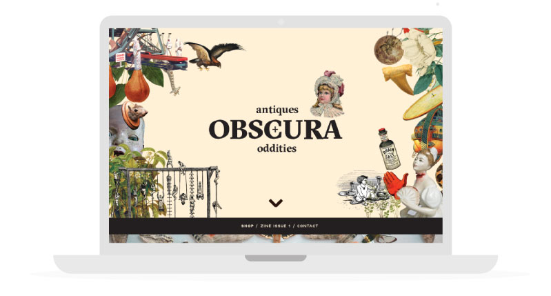 A website template that depicts plant, animals and female figures wearing old clothes. The text on it says: antiques OBSCURA oddities.