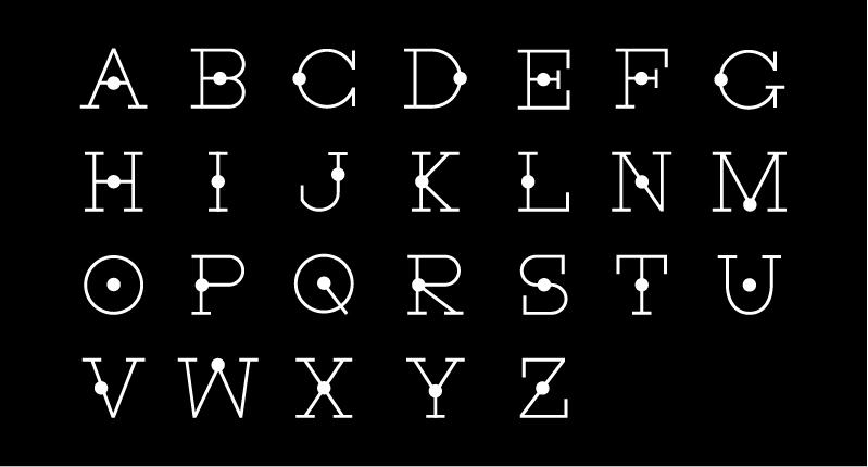 A black image with white letters of the alphabet styled with dots.