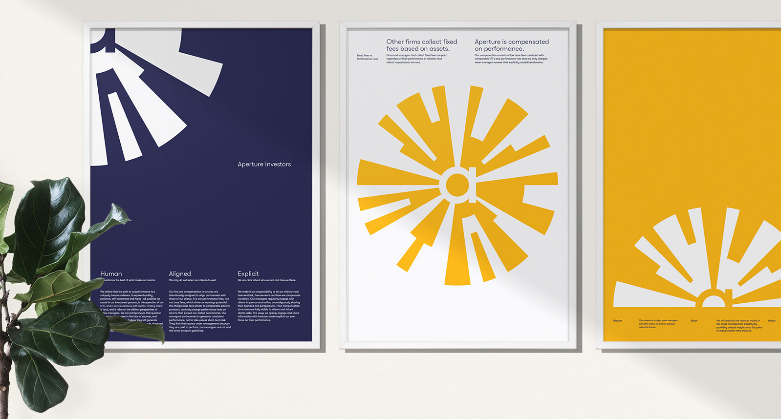 A set of three framed posters with some writings on them and a logo of what represent sectors of a disc.