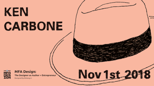 A pink poster with a drawn hat and the text: Ken Carbone.