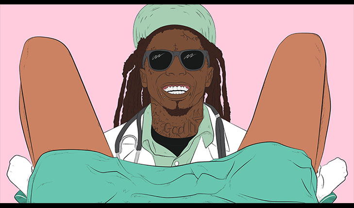 A drawing depicting a smiling African American doctor with sunglasses, Rastafari wigs, a cap and a doctor suit while sitting in front of what seems a woman in labor.