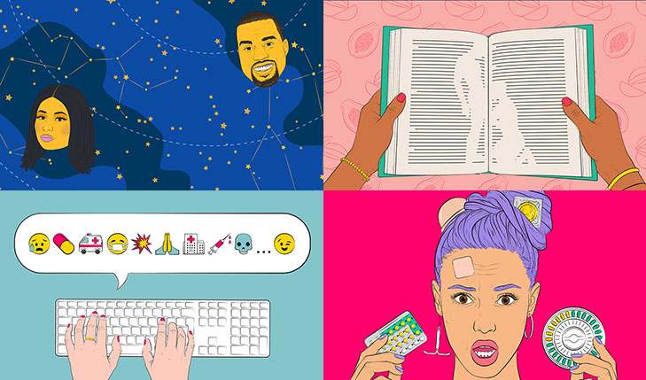 A set of four drawings depicting: a man and a woman's head in space among the stars, an opened book held by two hands showing an erotic image, some hands working at a keyboard while some emoji icons are in a speech bubble and a woman with purple hair with some pill blisters in her hands.