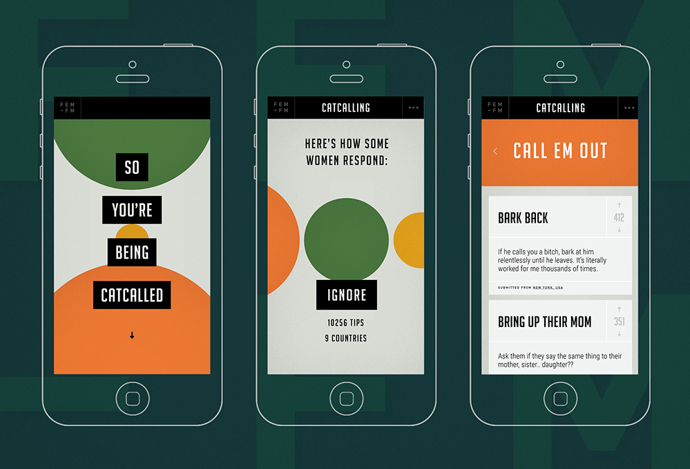 A set of mobile phone templates using white, green, yellow and orange colors. On one of them is the text: So You're Being Catcalled.