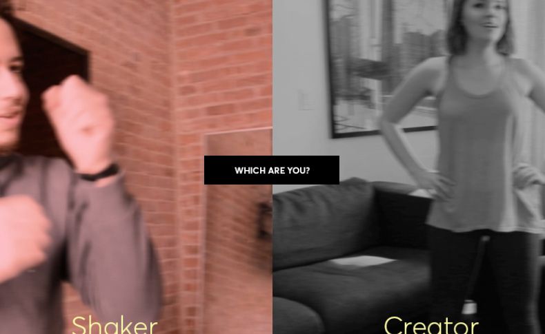 A split photo of a man near a brick wall and a woman near a couch. Also in the middle there is a question Which Are You? and the answers: Shaker or Creator.