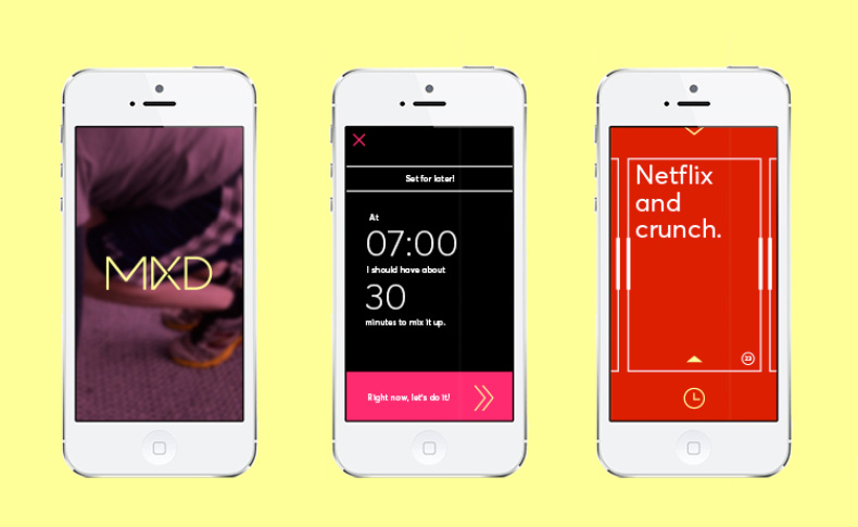 A set of three mobile phone app templates with text logo MXD, some hour and date schedule and a card: Netflix and crunch.