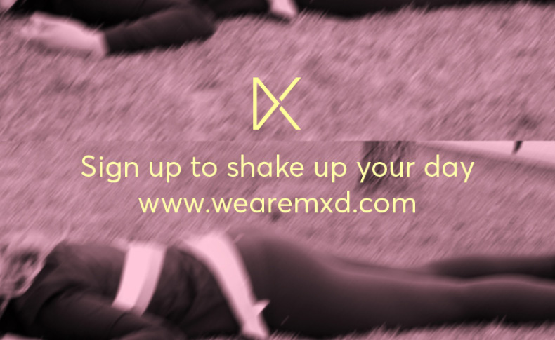 A split photo of what seems like a woman laying on the grass. Over it there is the text: Sign up to shake yo your day. www.wearemxd.com.