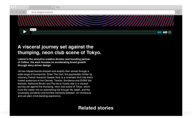 A screen shot from a website with text: A visceral journey set against the thumping, neon club scene of Tokyo.