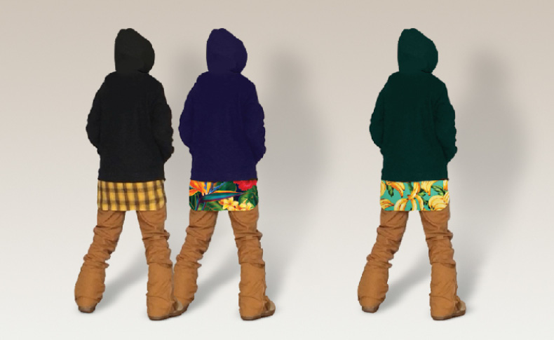 snowboarding hoodie design with yellow squares, tropical design, and banana design