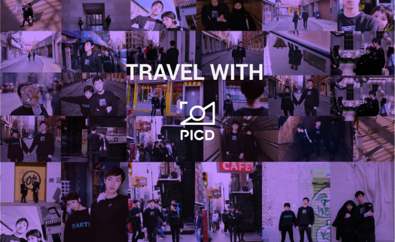 A set of multiple photos of people and places, all having a purple filter over them and a logo text in the middle: Travel With PICD.