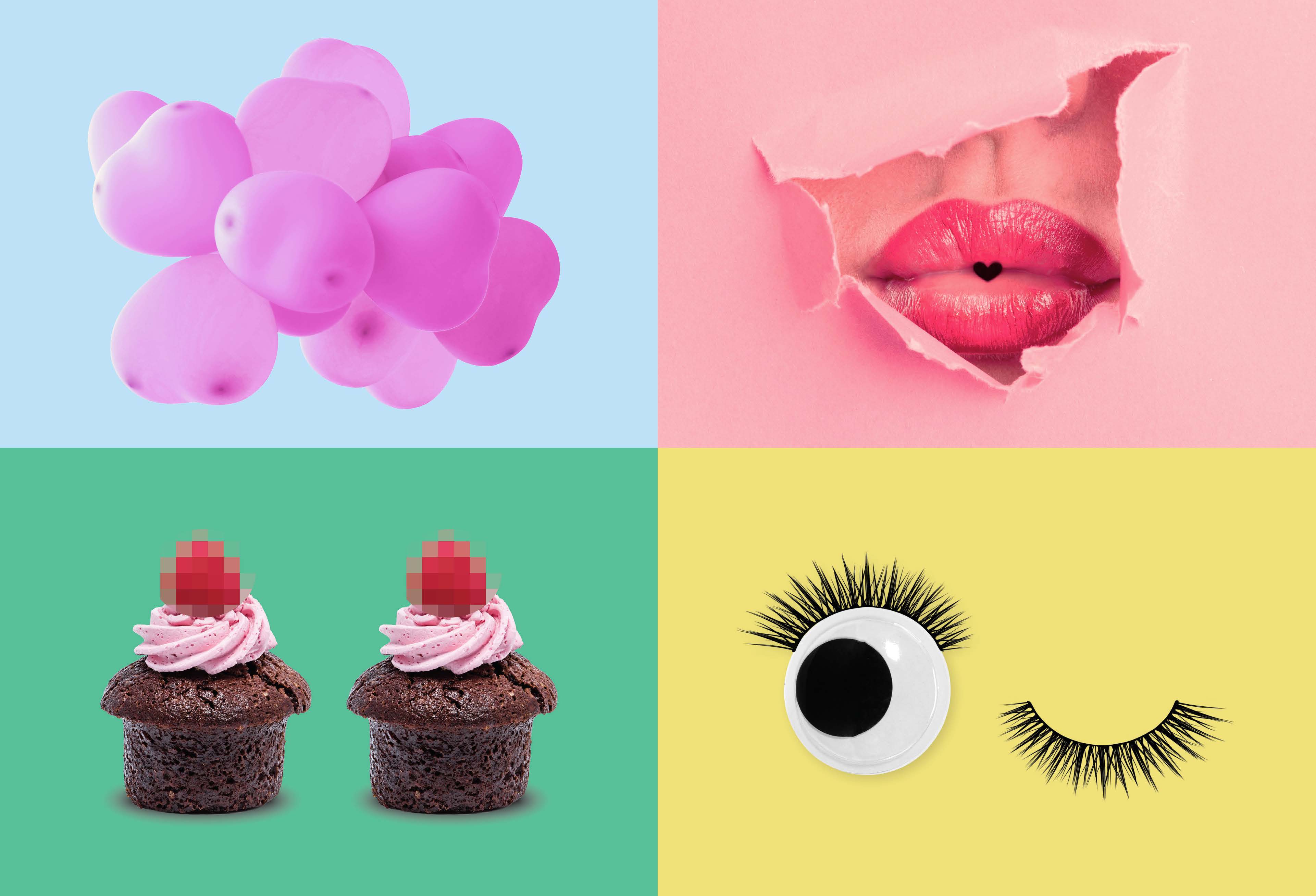 A set of four images depictig: some pink heart shapes on a cyan board, a woman's red lips emerging from a pink wall, a couple of brownies with pink and red toppings on a green board, a pair of open and closed cartoon eyes on a yellow board.