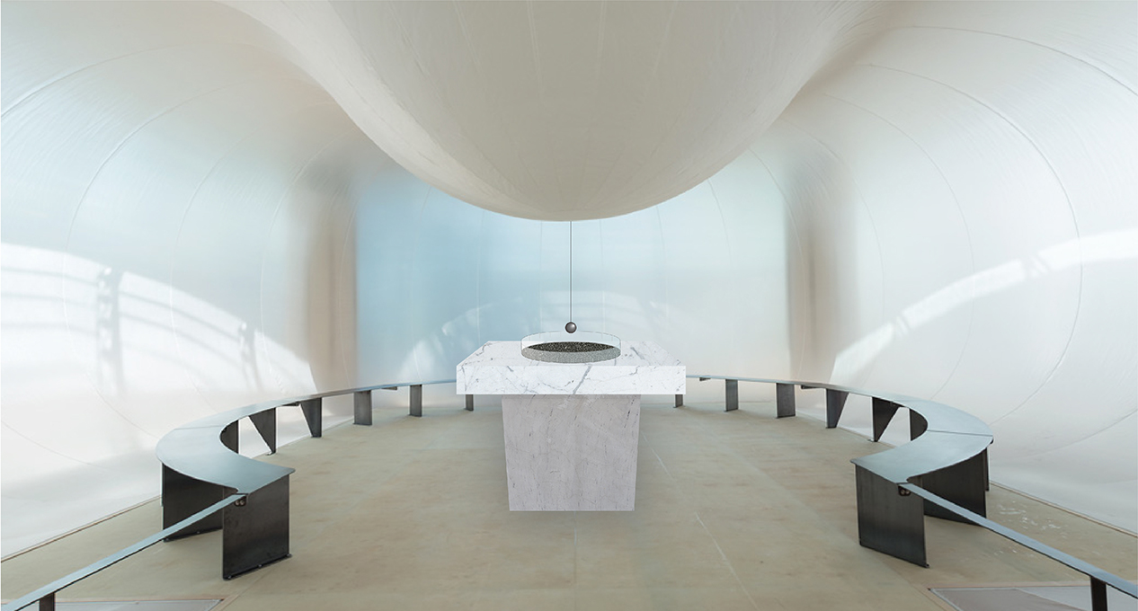 A room with a blob like ceiling, a marble table on the floor and surrounded by a round bench.
