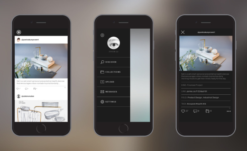 A set of mobile phone app templates showing images and personal profiles.
